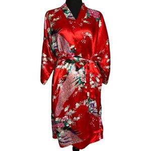 Red Satin Floral Peacock Kimono Robe 37” Long OS Belted Lightweight